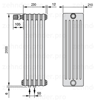 Схема (чертеж) Радиатор Zehnder Charleston 6200/5 №V007 Белый глянцевый RAL 9016